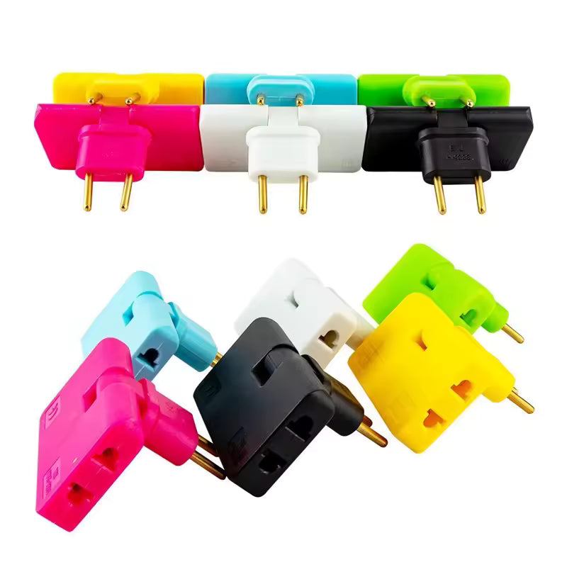 Colorful 3 way flat plug adapter set with yellow pink white black blue and green options