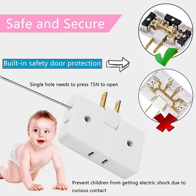 3 way flat plug adapter with built-in safety door protection to prevent electric shock from children