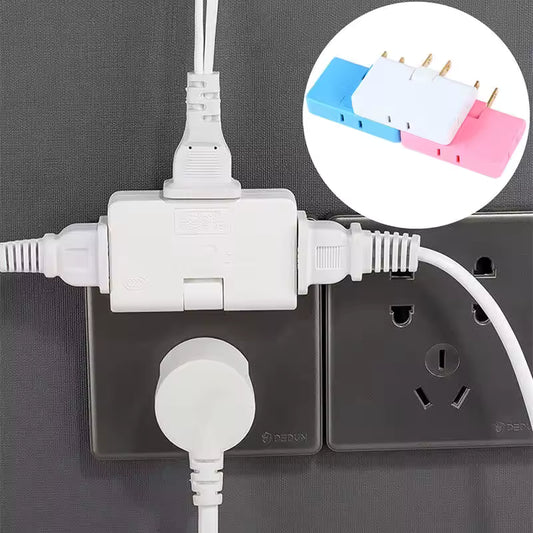 White 3 way flat plug adapter connected to power outlet with three plugs inserted and inset showing blue white and pink adapters