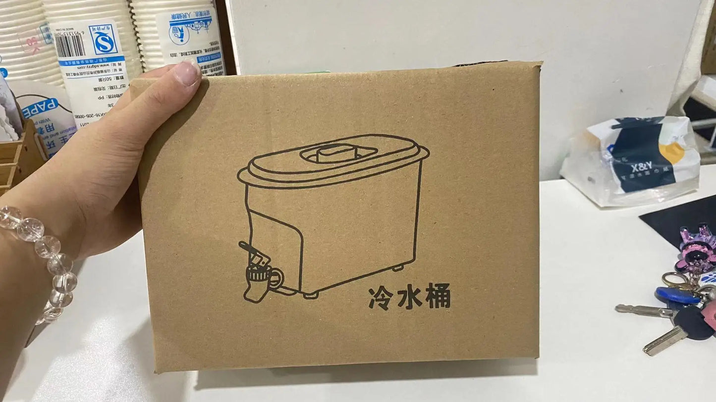 Cardboard box packaging with illustration of a 3.5l refrigerator water dispenser held by hand