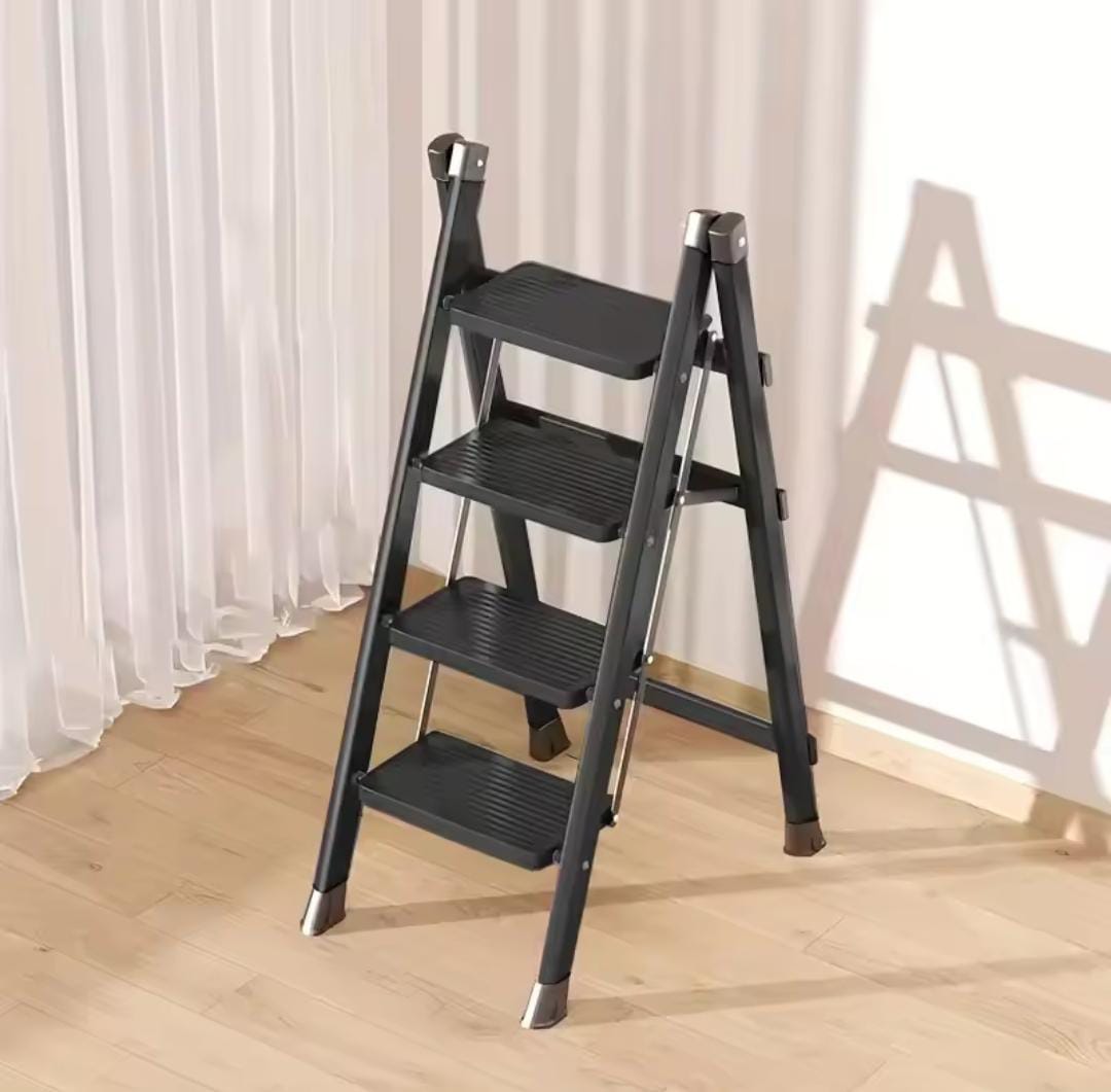 Clarify.pk 300lbs foldable steel ladder with four wide steps in black for indoor use