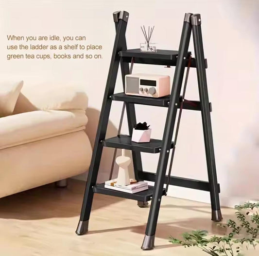 300lbs foldable steel ladder used as a multi-tier shelf holding decor and books in living room