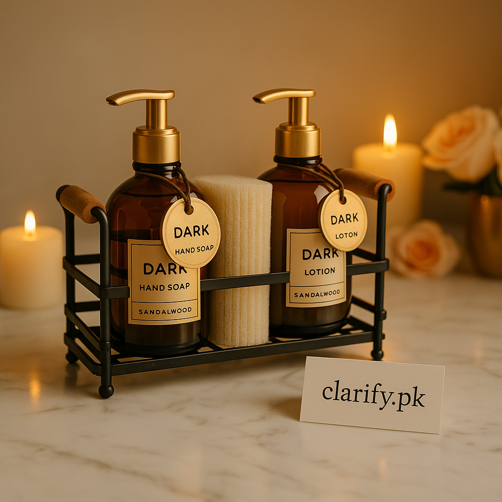 Amber Soap & Lotion Dispenser Set with Gold Caddy – Elegant Refillable Organizer