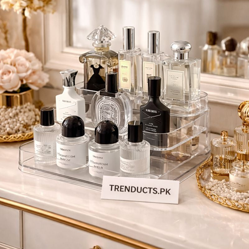 3-Tier Desktop Perfume Organizer and Tray - Luxury Cosmetic Storage Rack - Trenducts.pk