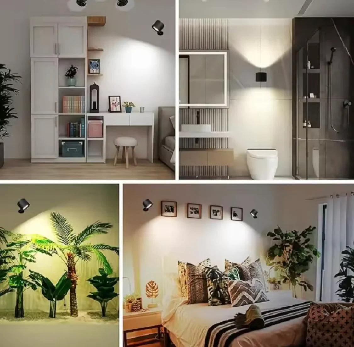 360 degree LED wall lamp illuminating modern living room, bathroom, indoor plants, and bedroom spaces