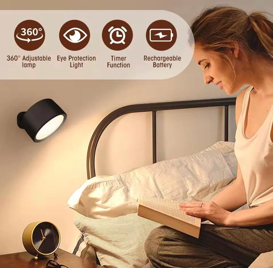 360 degree LED wall lamp illuminating bedside reading area with eye protection and rechargeable battery