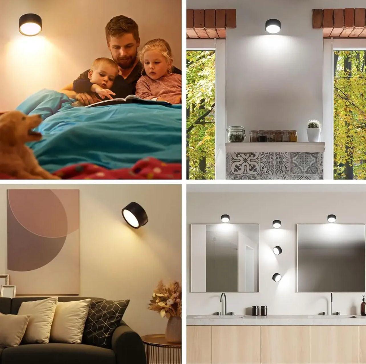 360 degree LED wall lamp mounted in various home settings providing bright and even lighting