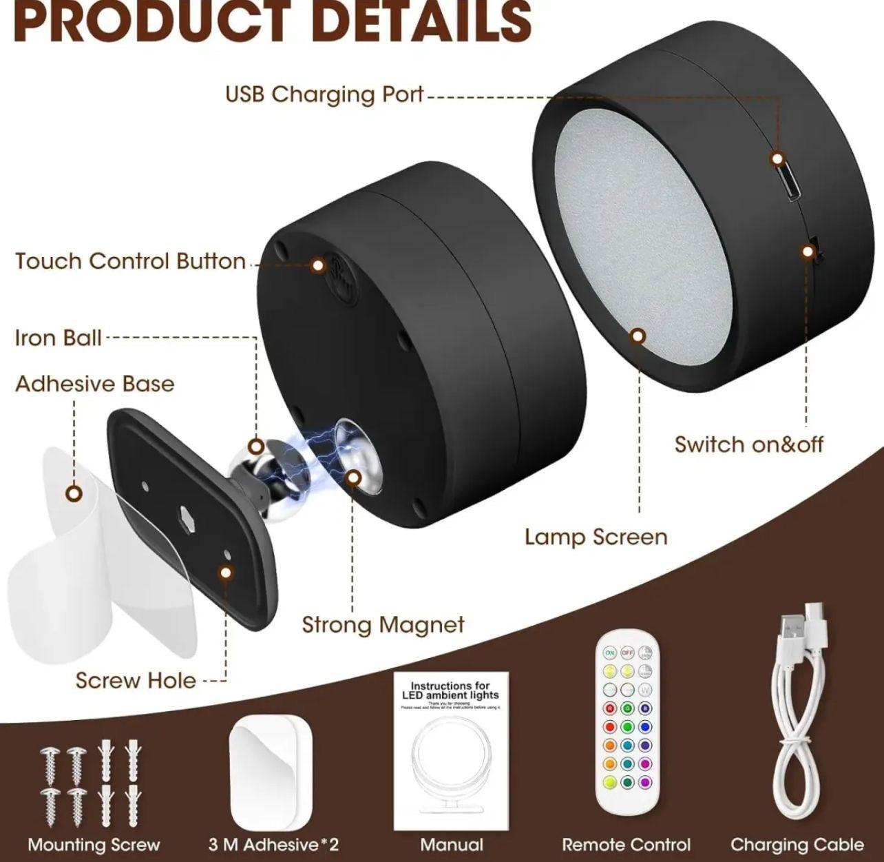 Clarify.pk 360 degree LED wall lamp with USB charging port, touch control, remote, and adhesive mounting kit