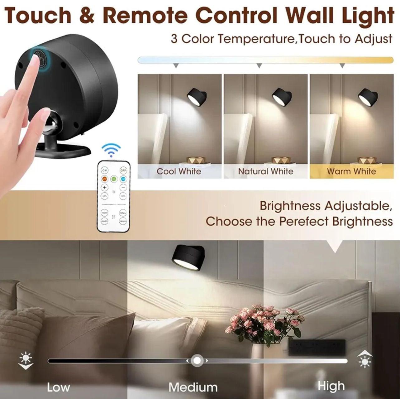 360 degree LED wall lamp with touch and remote control for adjustable color temperature and brightness