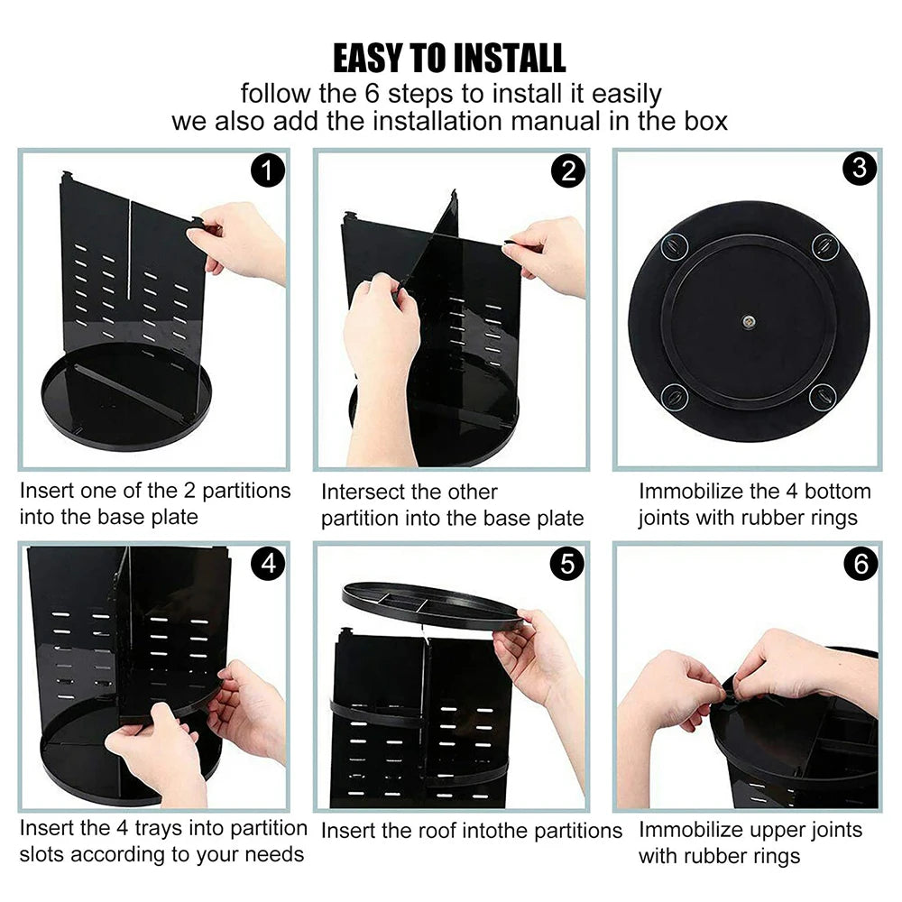 Step-by-step installation guide for Clarify.pk 360 degree makeup organizer with partitions trays and rubber rings