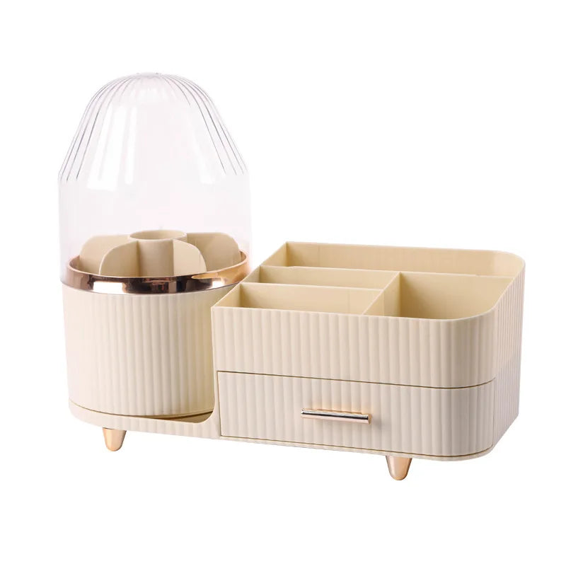 ORIO Official Store beige 360 degree rotating makeup organizer with brush holders and storage compartments