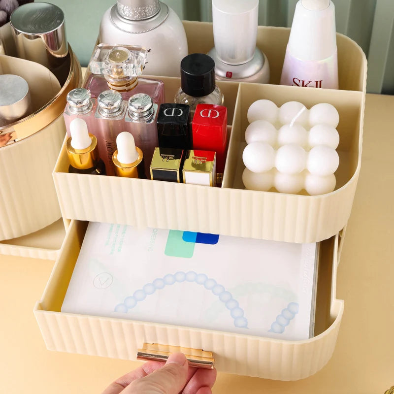 ORIO brushes stored in beige 360 degree rotating makeup organizer with multiple compartments and a pull-out drawer