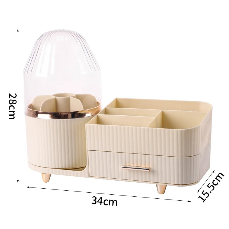 ORIO Official Store beige 360 degree rotating makeup organizer with brush holder and storage compartments