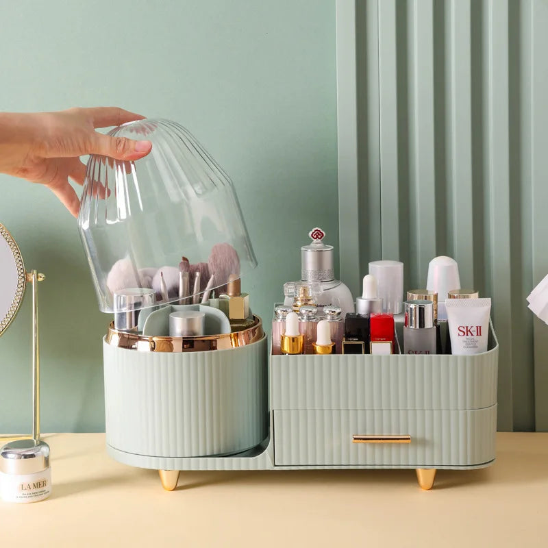 ORIO Official Store brushes in 360 degree rotating makeup organizer with clear cover and multiple compartments