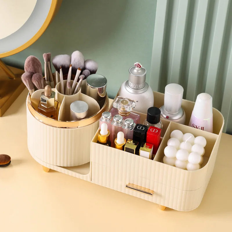 360 degree rotating makeup organizer holding brushes, skincare bottles, lipsticks, and cotton rounds