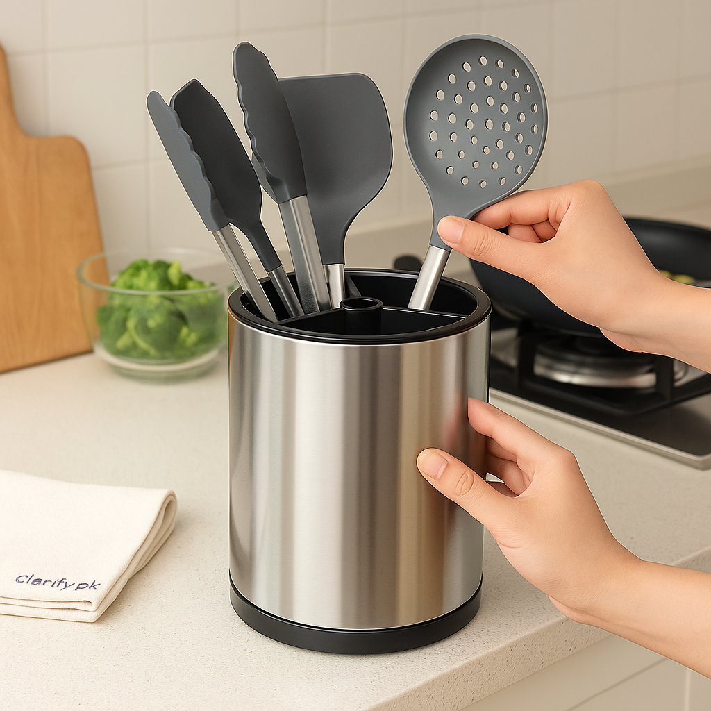 360 rotating kitchen utensil holder in stainless steel with black silicone handles organized on kitchen counter