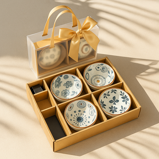 Elegant Japanese Ceramic Bowls with Golden Ribbon Bag – Set of 4