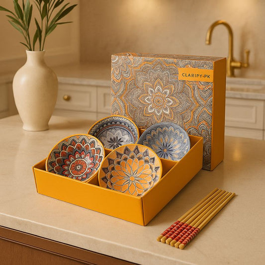 Japanese Ceramic Bowl Set of 4 with Chopsticks – Mandala Print