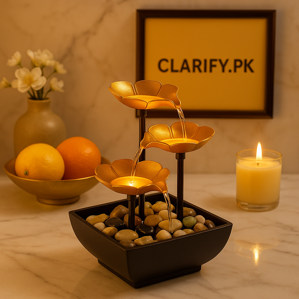 Luxury Electric Table Fountain – Golden Flower Design with Pebbles & LED Light