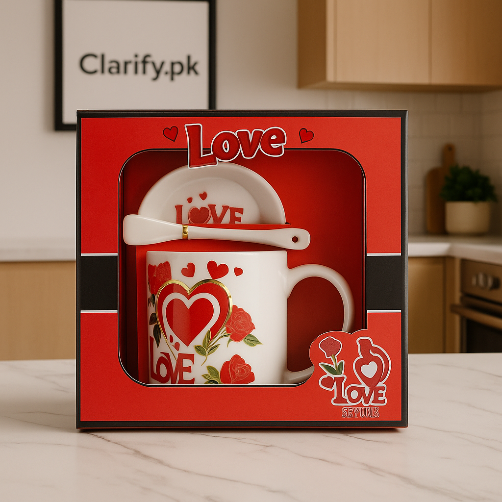 Ceramic 3-Piece Gift Set – Cup, Saucer & Spoon Red “Love” Edition