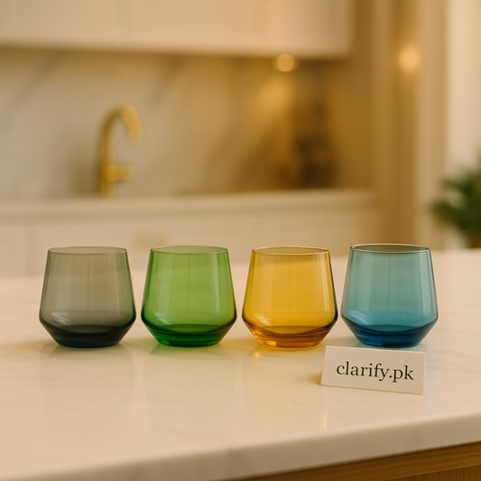 Set of four colored premium drinking glasses in gray green amber and blue on kitchen counter
