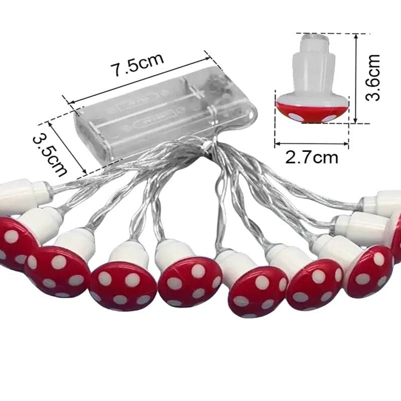 Clarify.pk 3D mushroom string lights with red and white mushroom shapes and battery pack