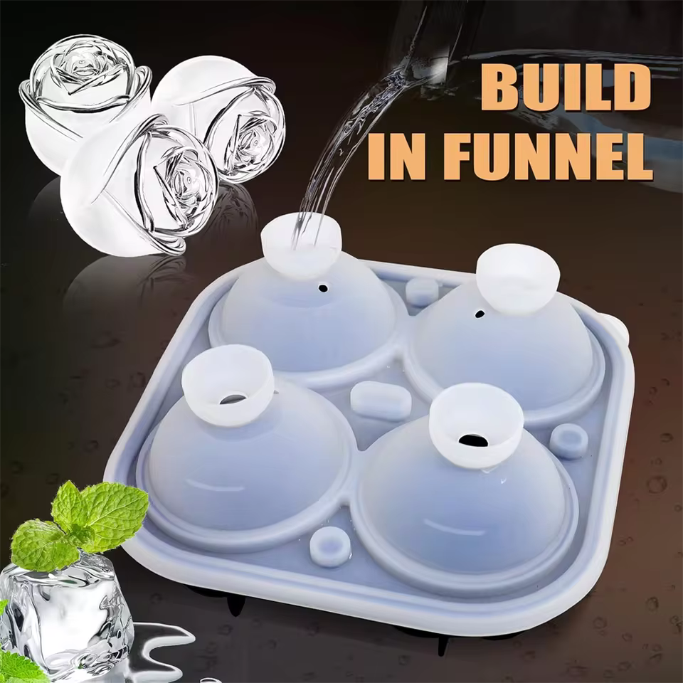 Clarify.pk 3D rose ice cube molds with built-in funnel for easy filling and rose-shaped ice cubes
