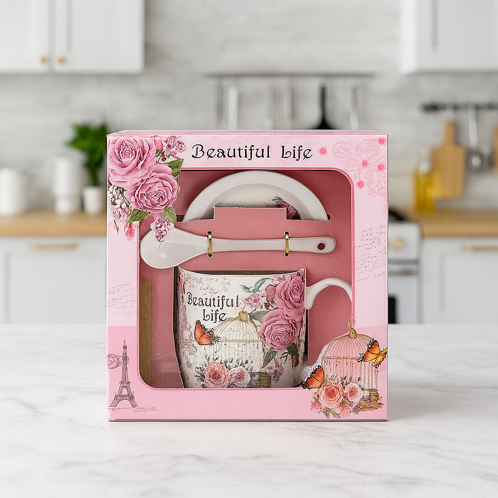 Beautiful Life 3-Piece Ceramic Gift Set – Cup, Saucer & Spoon