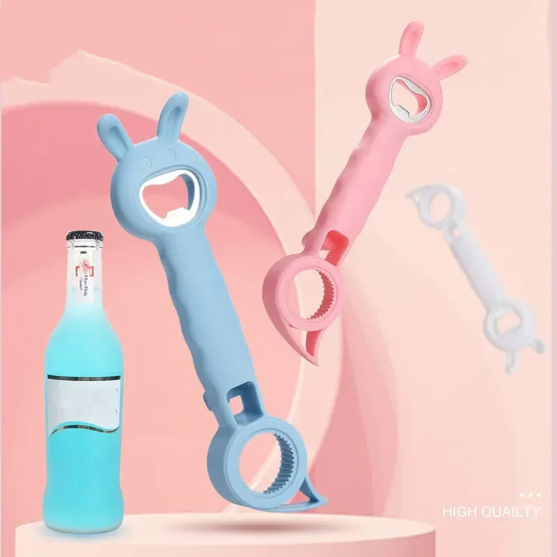 4 In 1 Beer Bottle Opener in blue and pink with bunny ears design for versatile bottle opening