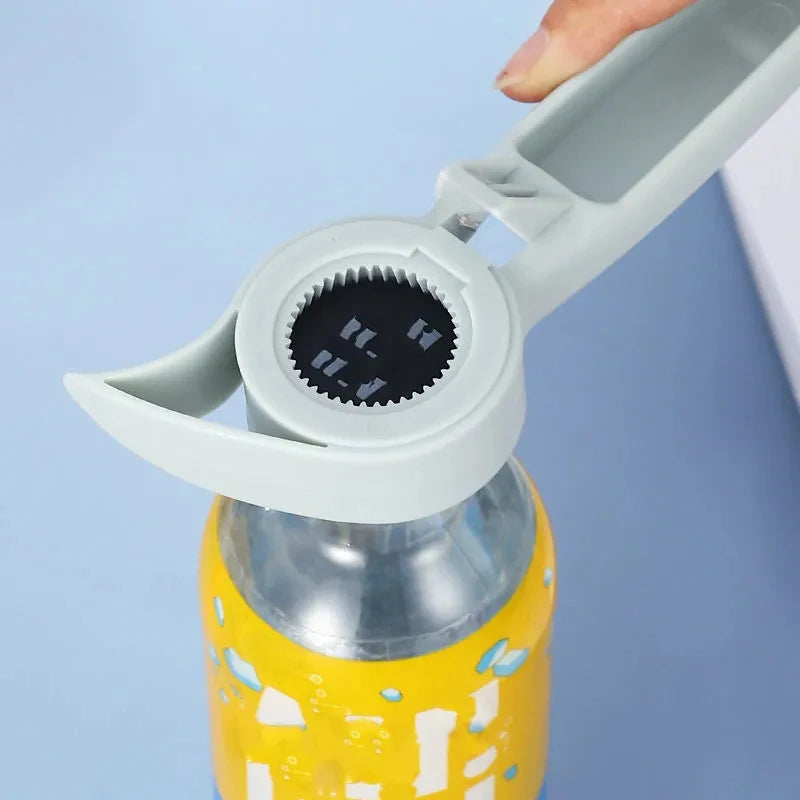 4 In 1 Beer Bottle Opener in gray being used to open a yellow capped bottle