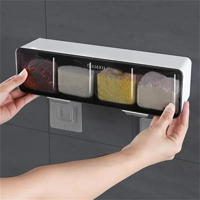 4 in 1 spice container organizer mounted on wall with clear compartments holding different spices