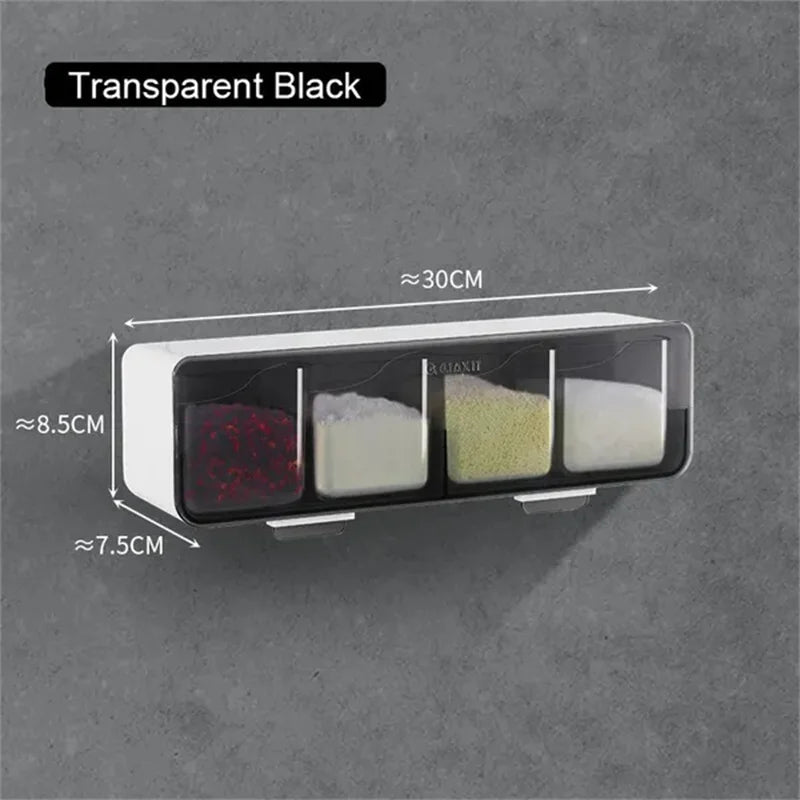 Transparent black 4 in 1 spice container organizer mounted on wall with four compartments and measurement labels