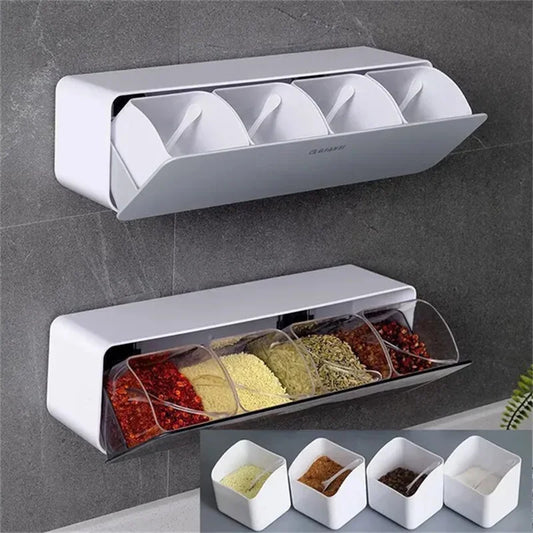 Clarify.pk 4 in 1 spice container organizer wall-mounted with transparent lids and white compartments for spices