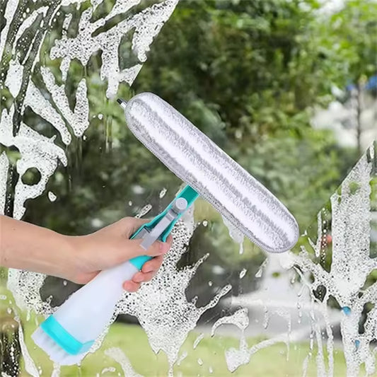 Clarify.pk 4-in-1 window glass cleaner tool with spray bottle and microfiber wiper cleaning a soapy window