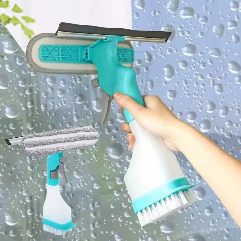 4-in-1 window glass cleaner tool with spray bottle, brush, squeegee, and microfiber pad in use