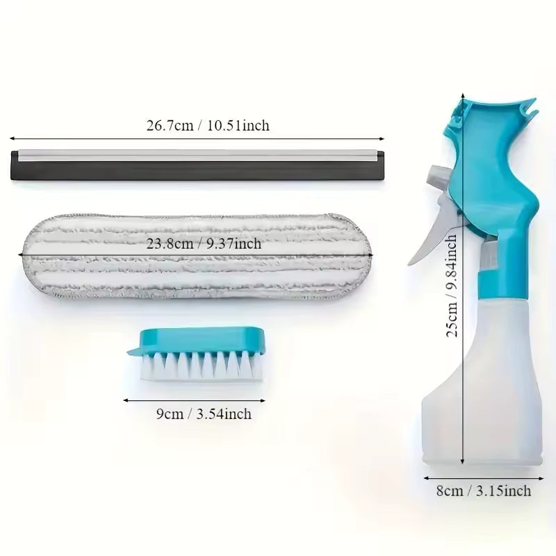 Clarify.pk 4-in-1 window glass cleaner tool with spray bottle, scrub brush, microfiber pad, and squeegee