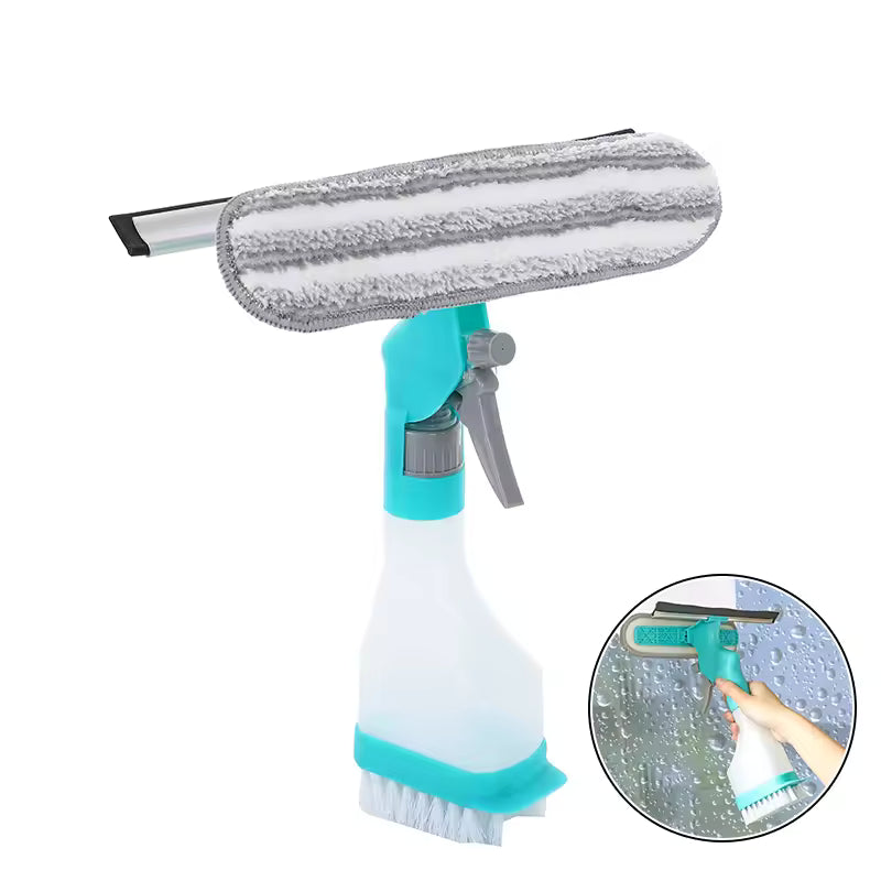 Clarify.pk 4-in-1 window glass cleaner tool with spray bottle, scrub brush, squeegee, and microfiber pad