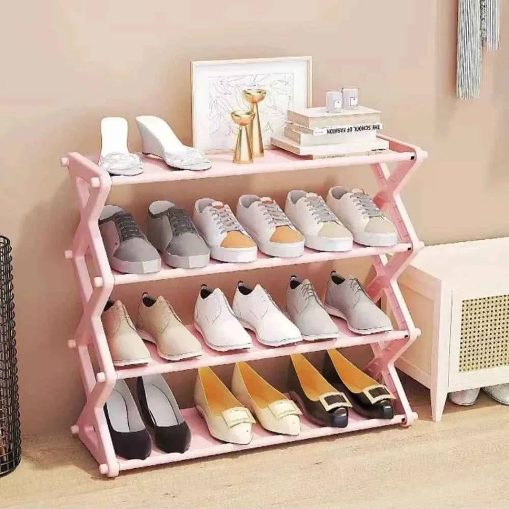 4 layer shoe rack home assembly in pink, perfect for organizing footwear in small spaces