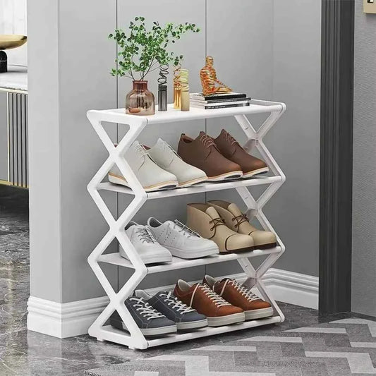 4 layer shoe rack home assembly in white with multiple levels for organized shoe storage