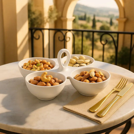 White 4-section kitchen serving tray filled with assorted nuts on a round table next to gold cutlery