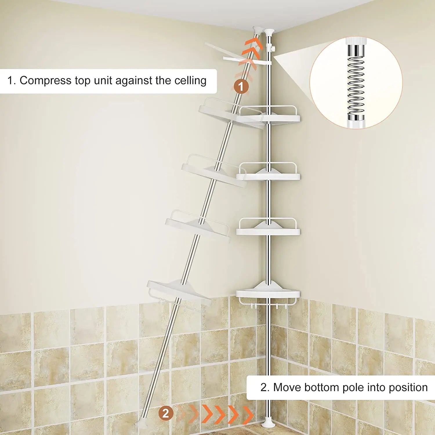 Clarify.pk 4 tier bathroom storage rack with adjustable pole mounting for corner organization