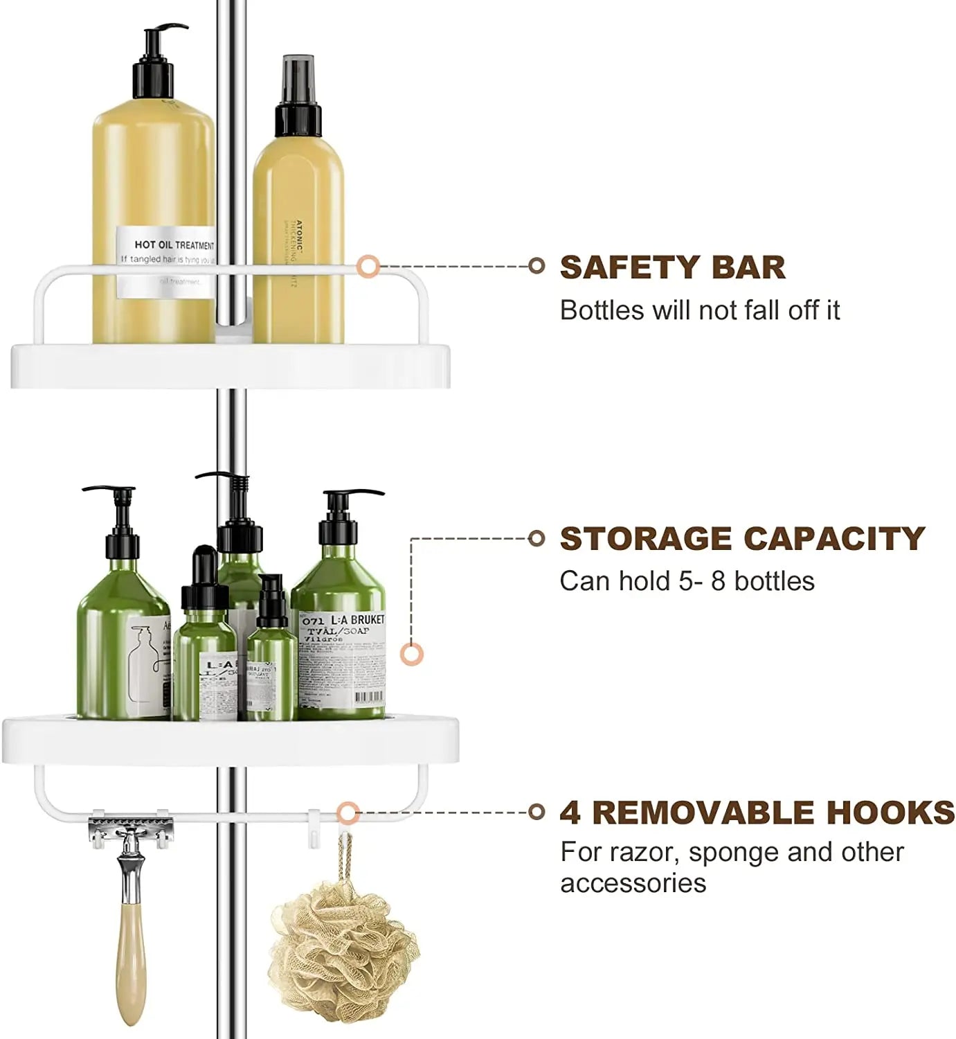 Clarify.pk 4 tier bathroom storage rack with safety bars and removable hooks for bottles and accessories