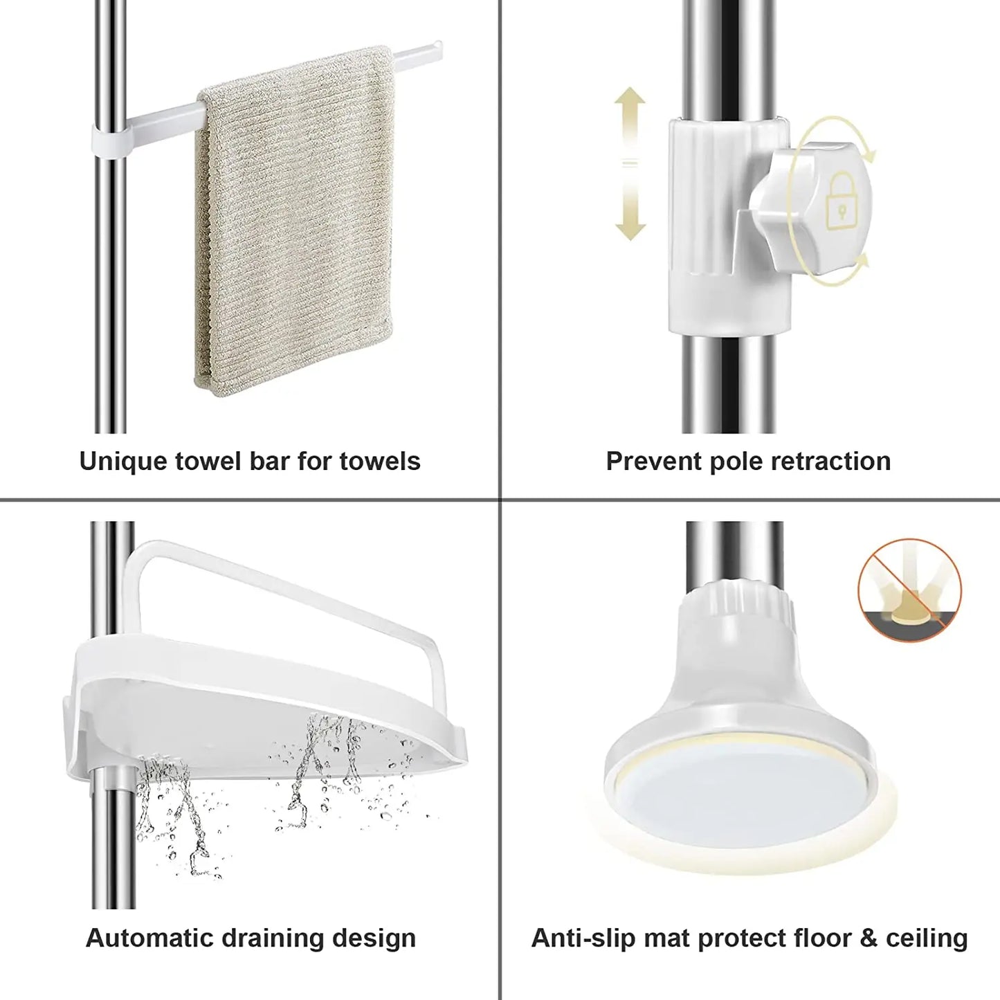 4 tier bathroom storage rack by Clarify.pk with towel bar, pole lock, draining design, and anti-slip mat