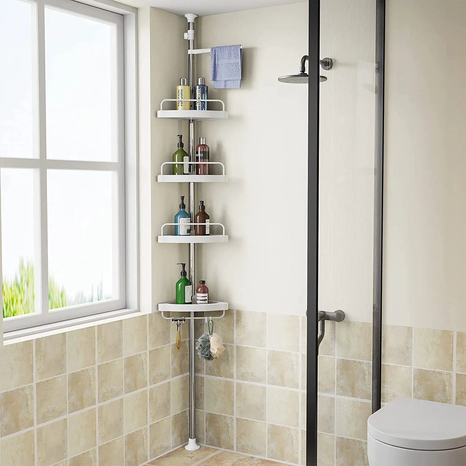 4 tier bathroom storage rack by Clarify.pk installed in shower corner holding toiletries and towels