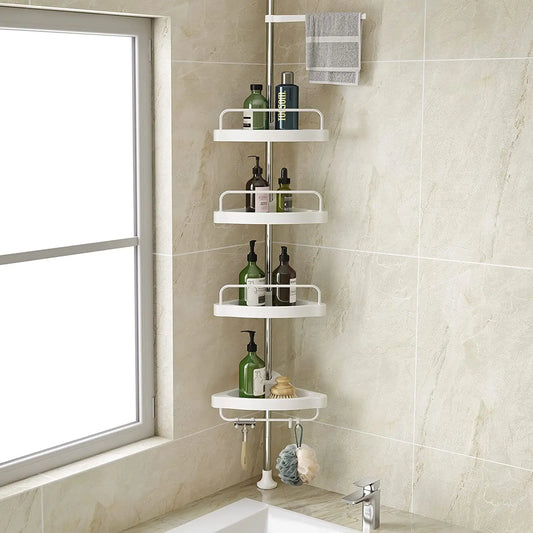 Clarify pk 4 tier bathroom storage rack in white with multiple shelves holding toiletries in a tiled bathroom