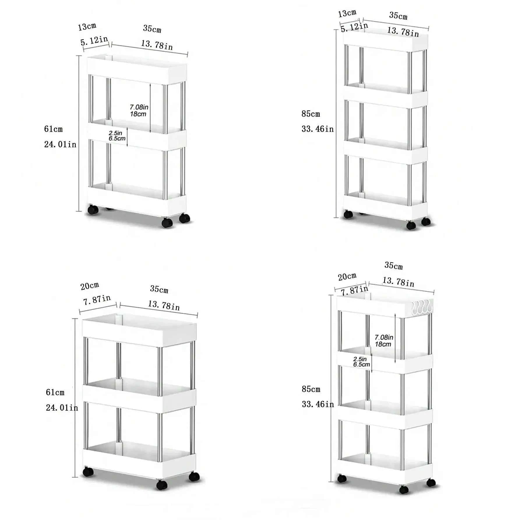 4 tier slide organizer shelf in white with rolling wheels and adjustable heights for easy storage