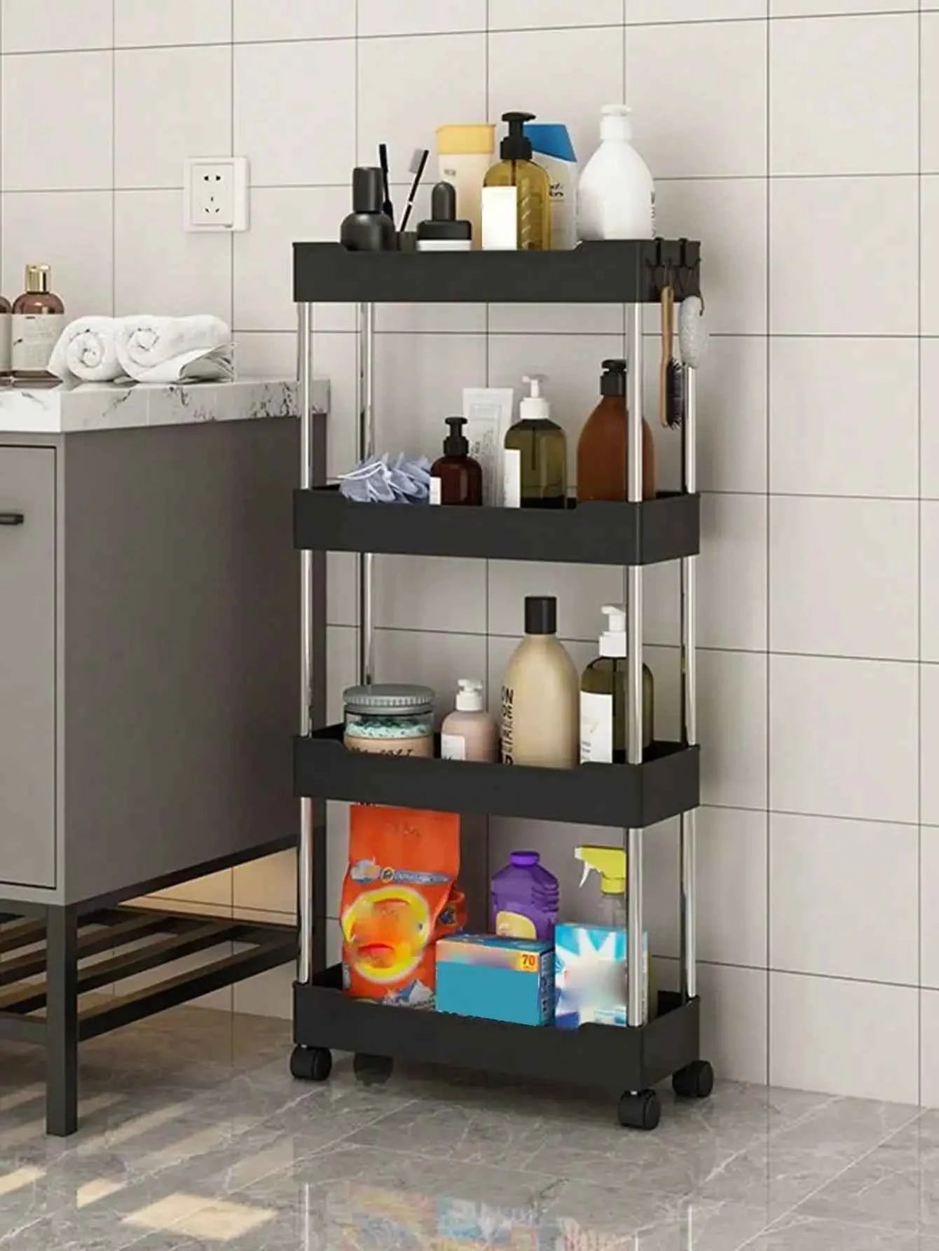4 tier slide organizer shelf in black, perfect for bathroom storage and organization on wheels