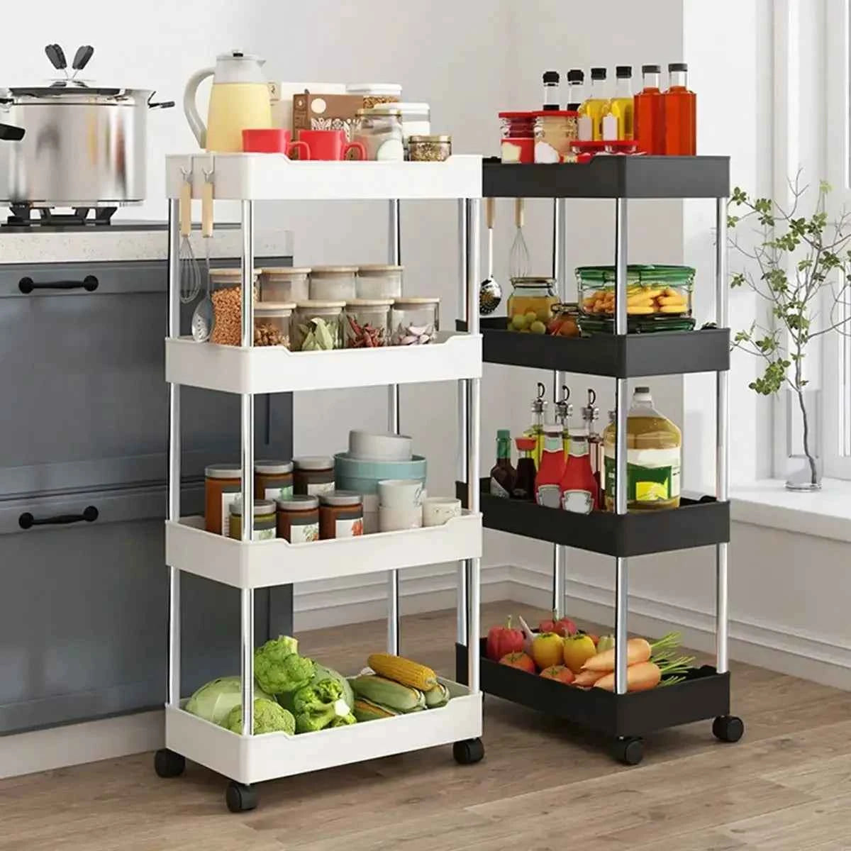 4 tier slide organizer shelf in white and black for efficient kitchen storage with rolling wheels