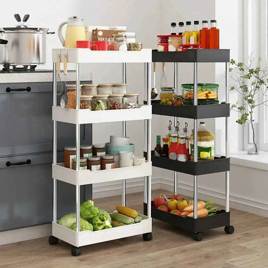 4 tier slide organizer shelf in white and black for efficient kitchen storage with rolling wheels