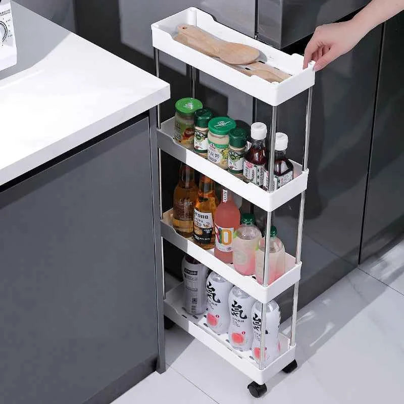 4 tier slide organizer shelf with smooth wheels for easy access in kitchen spaces